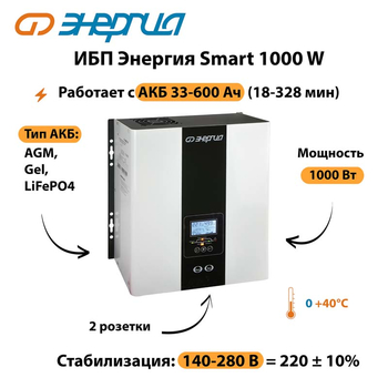 ИБП Энергия Smart 1000W - ИБП и АКБ - Энергия ИБП Smart - . Магазин оборудования для автономного и резервного электропитания Ekosolar.ru в Сыктывкаре