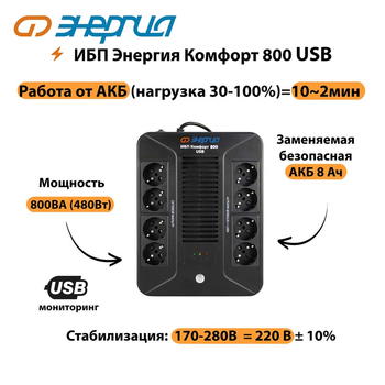 ИБП Комфорт 800 USB Энергия - ИБП и АКБ - Энергия ИБП Комфорт - . Магазин оборудования для автономного и резервного электропитания Ekosolar.ru в Сыктывкаре